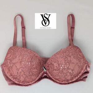 Victoria's Secret Push-up Bra Very Sexy PINK SHIMMER LACE 32 B EUC